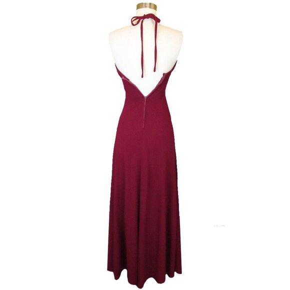 Vintage 70s Maroon Burgundy Red Rhinestone Rose Halter Prom Party Maxi Dress XXS - Picture 9 of 12